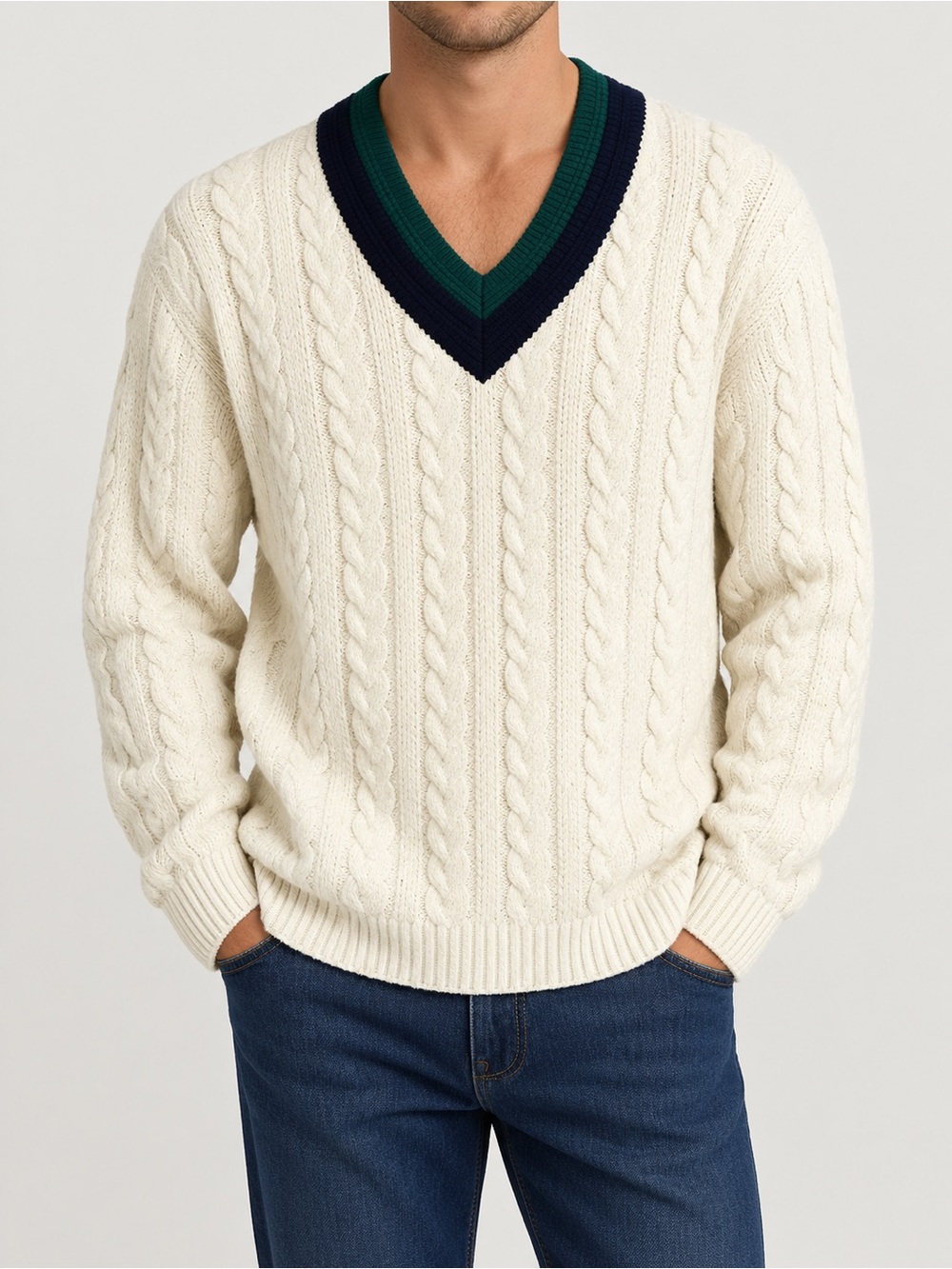 J. Crew Ivory Cable-Knit V-Neck Sweater with Navy & Green Trim XL CQ908